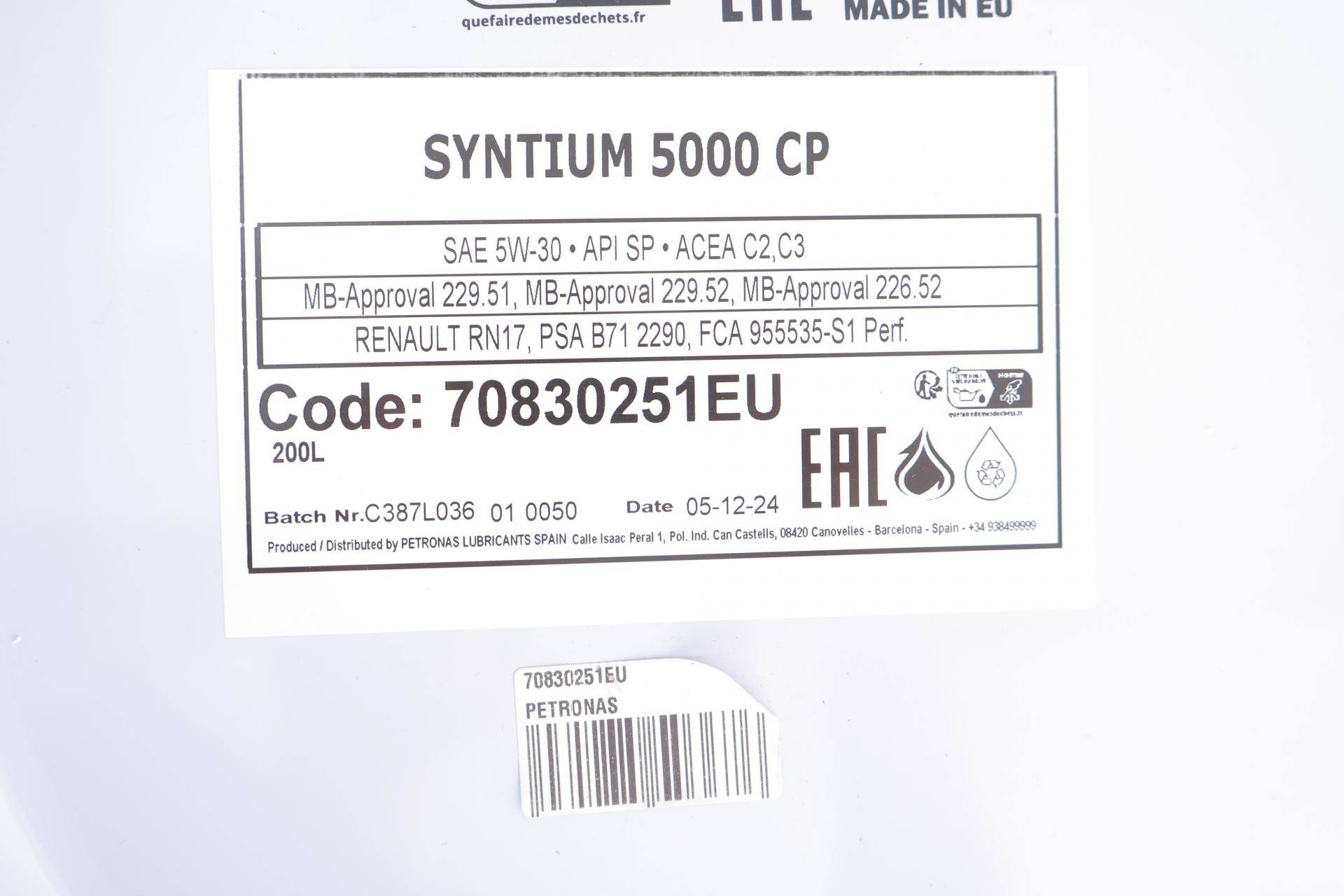 Олива 5W30 SYNTIUM 5000 CP (200L) (MB229.51/MB229.52/MB226.52/Renault RN17/PSA B71 2290)