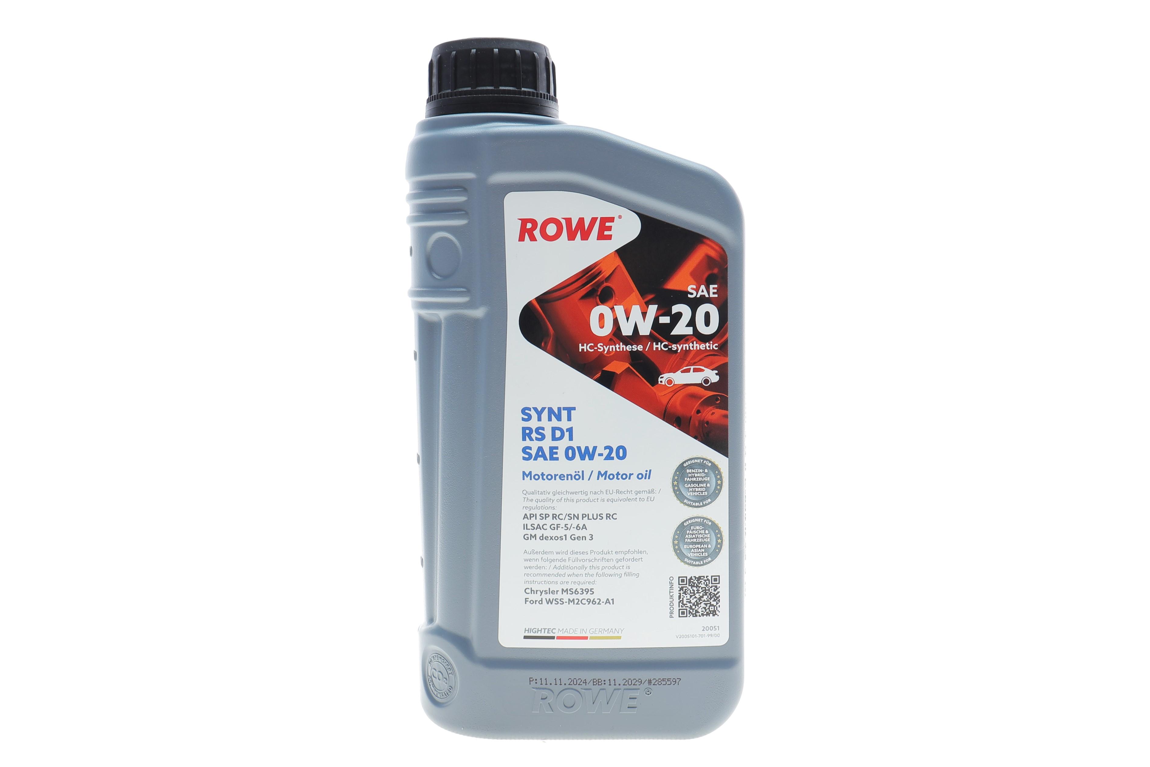Олива 0W20 HIGHTEC SYNT RS D1 (1L) (API SP RC/SN PLUS RC)(GM dexos1 Gen 3/Ford WSS-M2C962-A1)