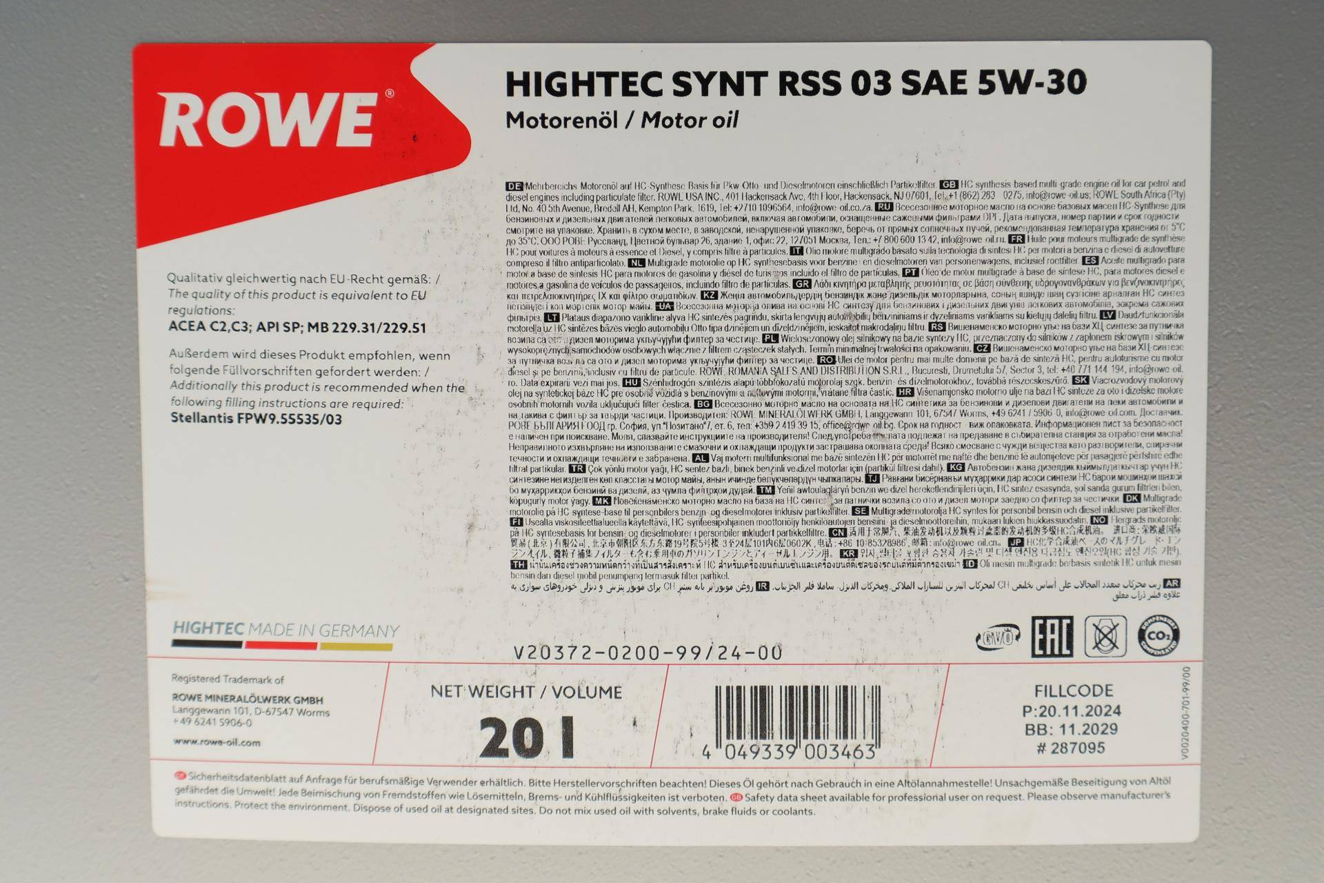 Олива 5W30 HIGHTEC SYNT RSS 03 (20L) (MB 229.31/229.51) (ACEA C2/C3/API SP)