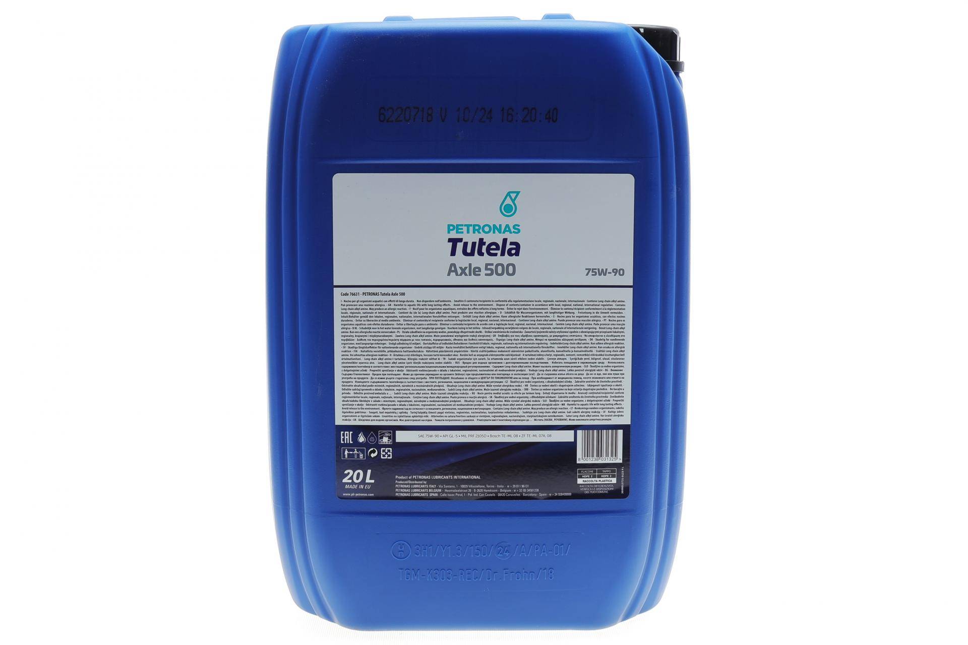 Олива 75W90 TUTELA AXLE 500 (20L) API GL-5 (MIL PRF 2105D/ZF TE-ML 07A/TE-ML 08/Bosch TE-ML 08)
