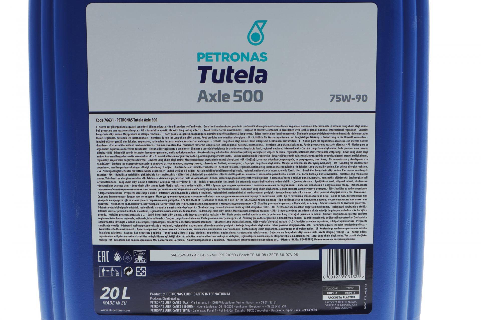 Олива 75W90 TUTELA AXLE 500 (20L) API GL-5 (MIL PRF 2105D/ZF TE-ML 07A/TE-ML 08/Bosch TE-ML 08)