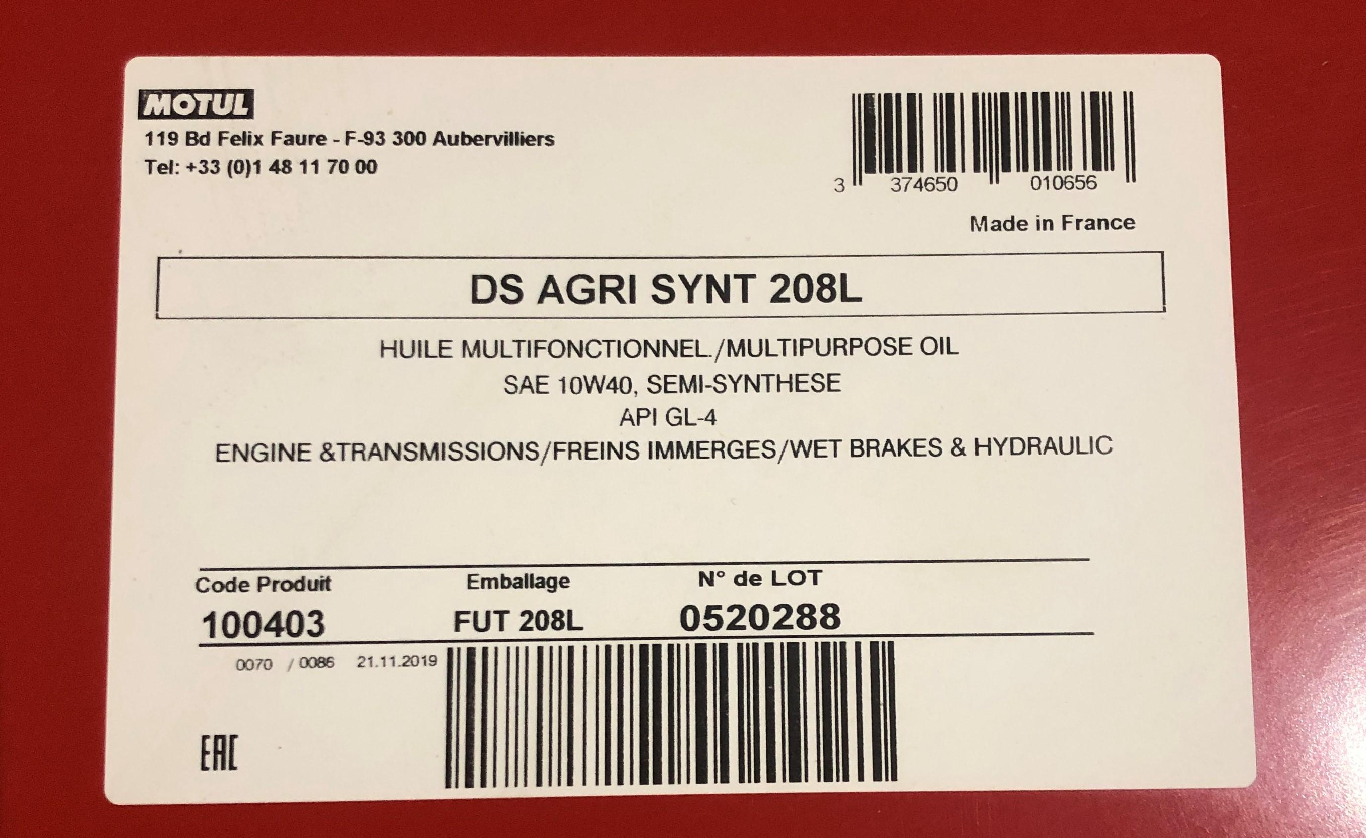 Олива 10W40 DS Agri Synt (208L) STOU (MB 227.1/GL-4 80W90/CF-4/E5)