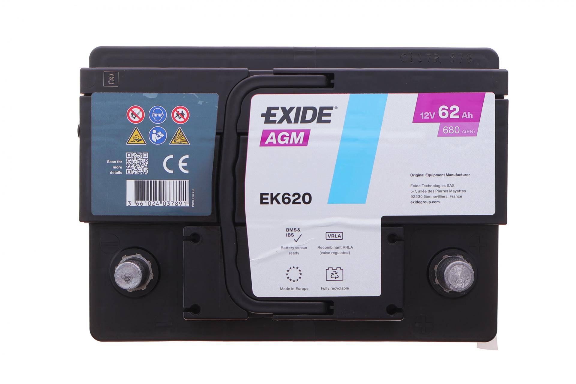 Акумуляторна батарея 62Ah/680A (242x175x190/+R/B13) (Start-Stop AGM) (аналог EK600)