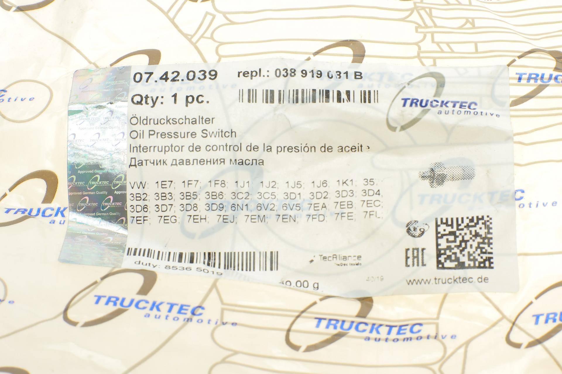 Датчик тиску оливи VW Caddy 1.9TDI/T5 2.0-2.5TDi 95- (0.75-1.05 bar) (сірий)