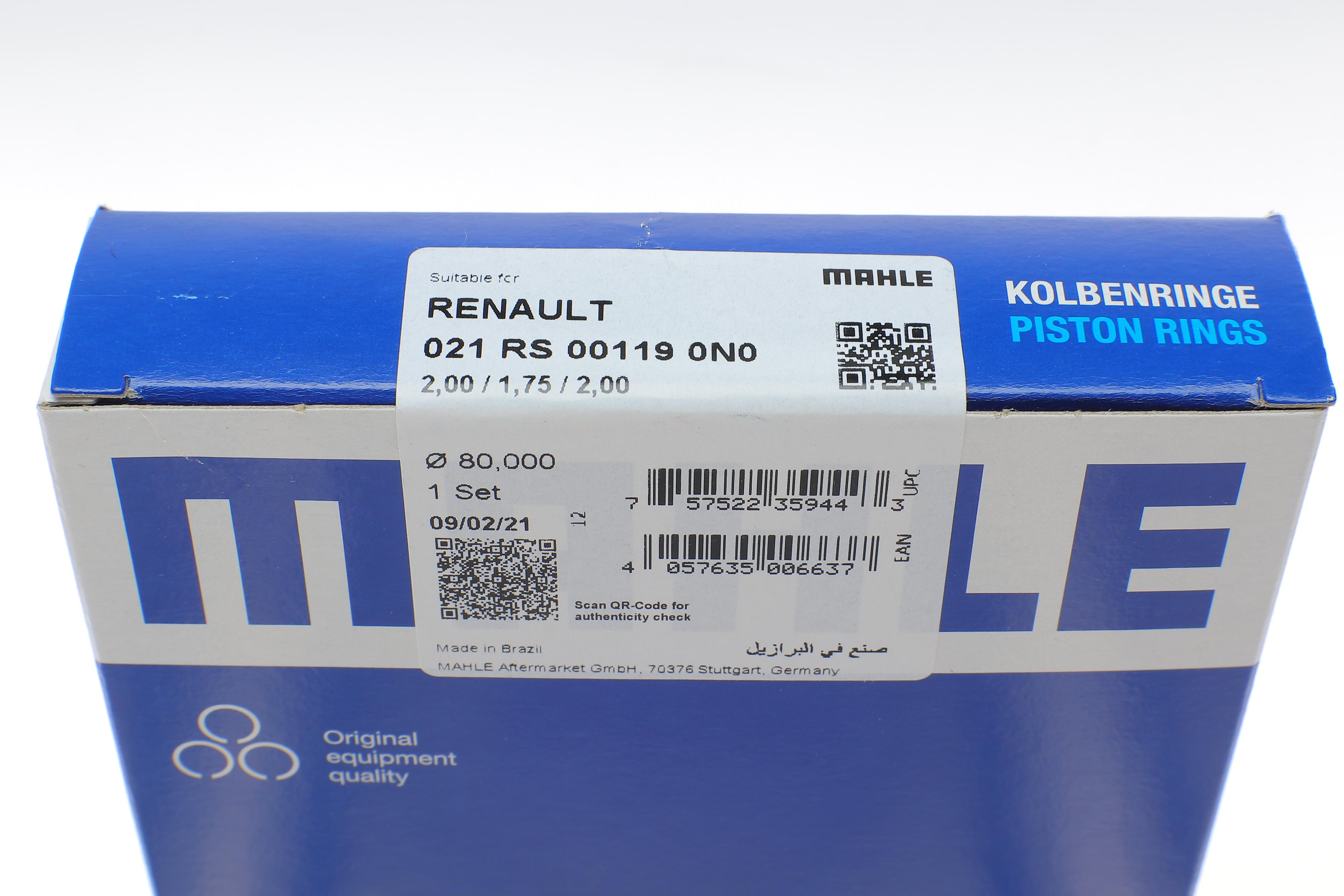 Кільця поршневі Renault Megane 11-/Trafic 1.6DCI/Opel Vivaro 1.6CDTI 14- (80.00mm/STD) (2-1.75-2)