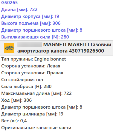 Амортизатор капоту Audi A6/VW Passat 97-05 (GS0265)